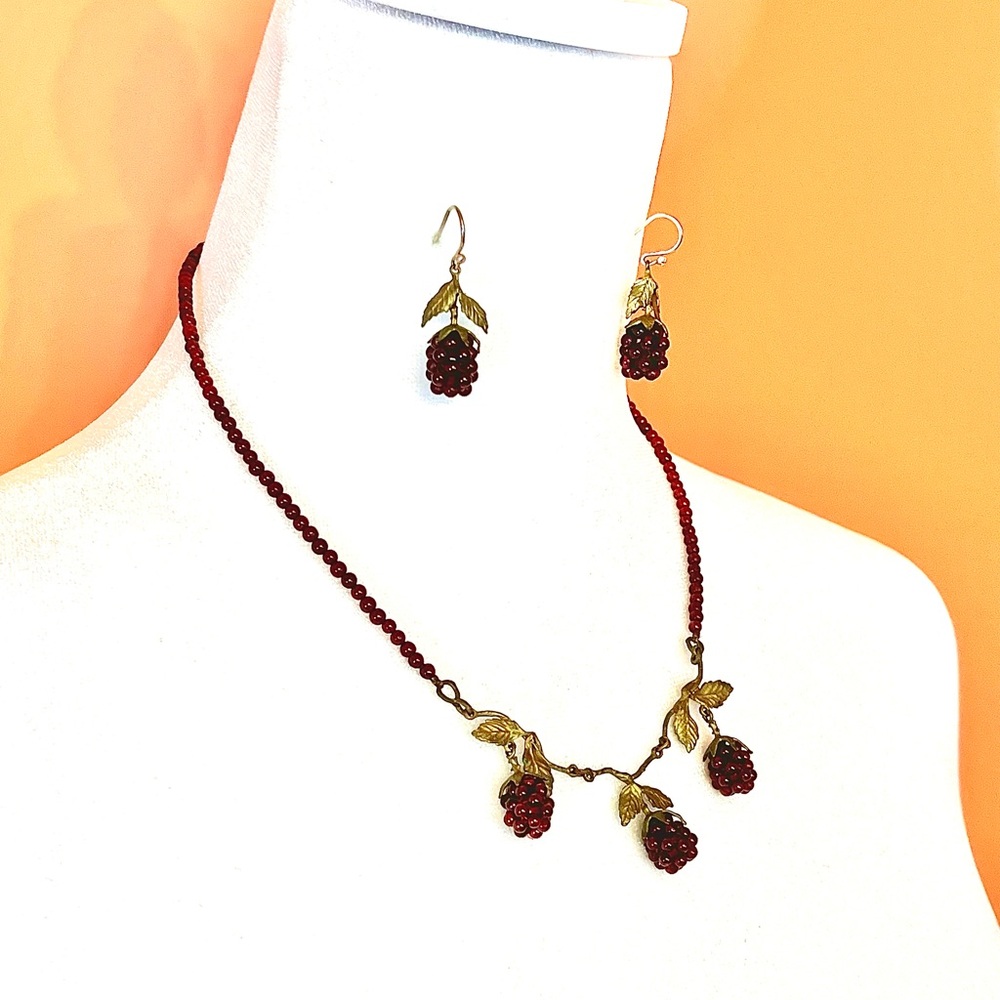Michael Michaud Raspberry Garnet & Bronze Necklace & Earrings Jewelry Set - Picture 4 of 7